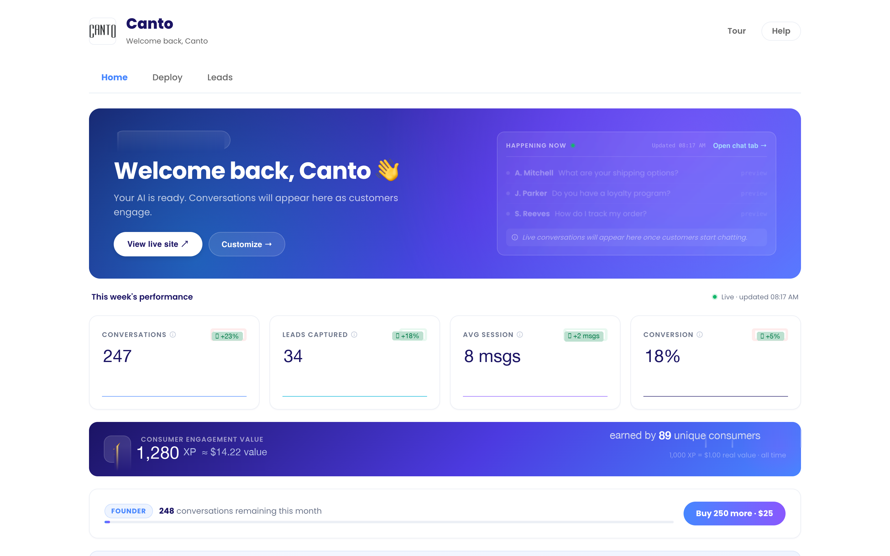 Engagemii brand portal dashboard showing conversations and leads