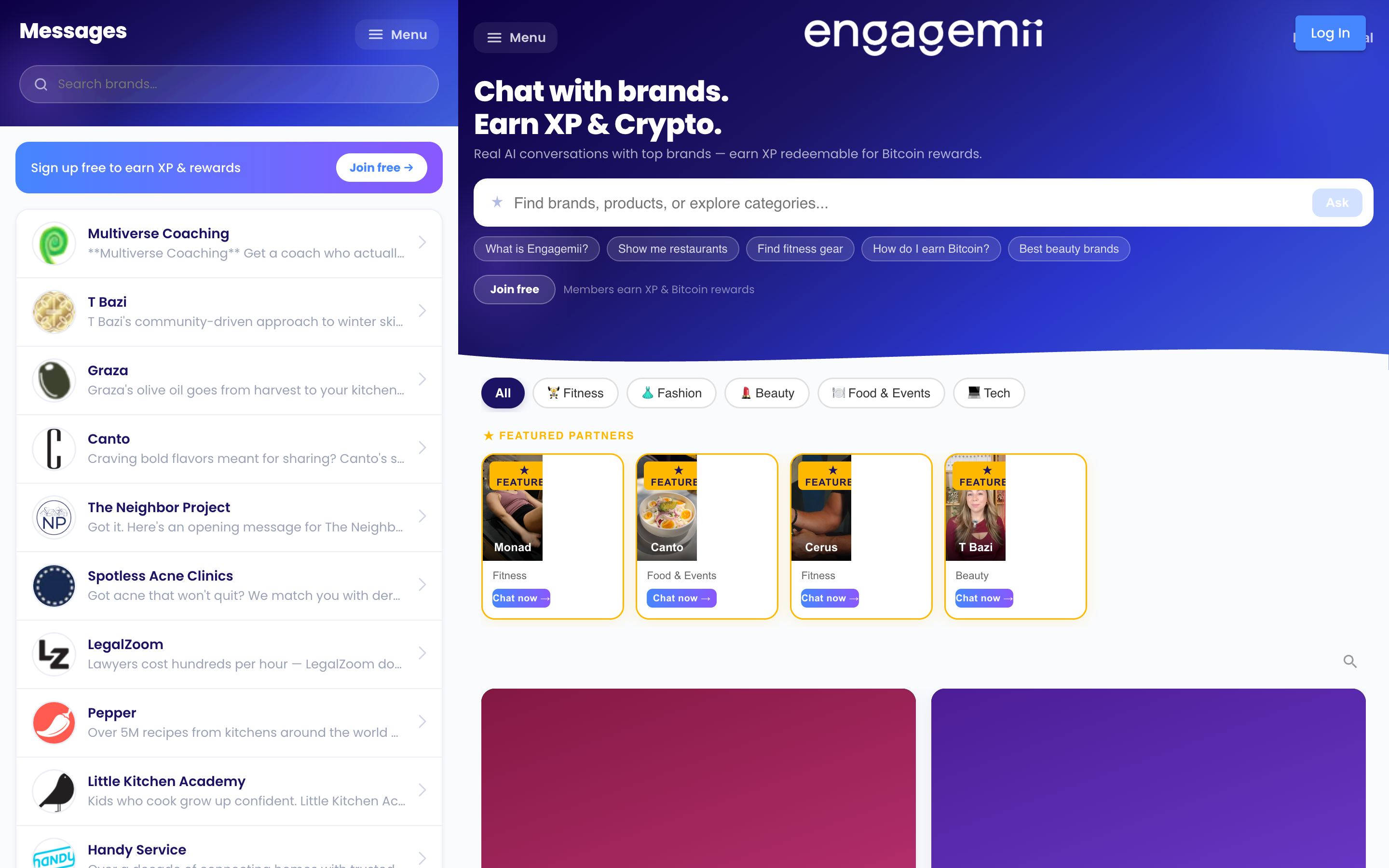 Engagemii web app showing brand discovery feed